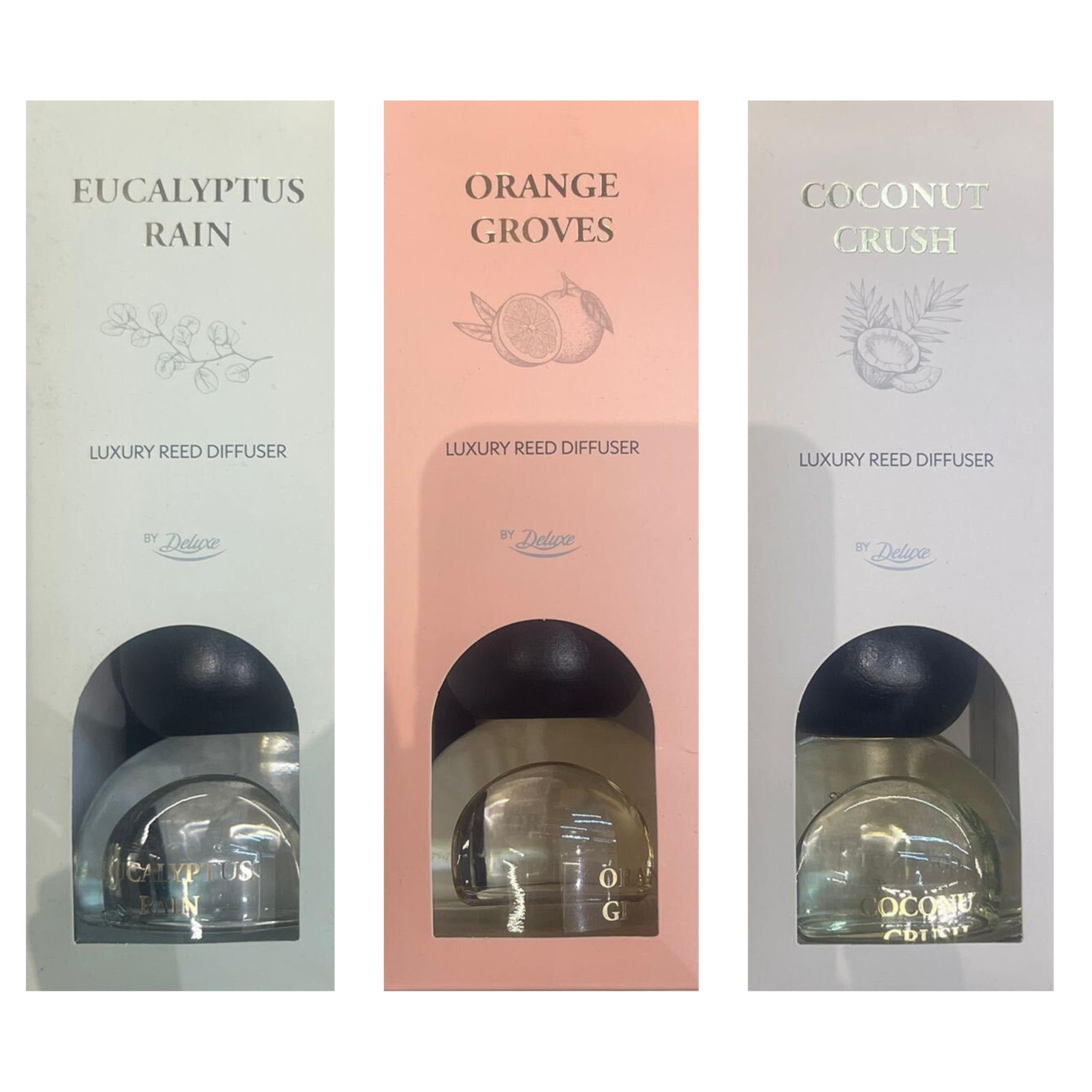 By Deluxe Reed Diffuser Set – 3 x 100ml – Long Lasting Home Fragrance – Orange Groves, Coconut Crush & Eucalyptus Rain – Room Scent with Natural Rattan Reeds – Up to 8 Weeks Per Bottle