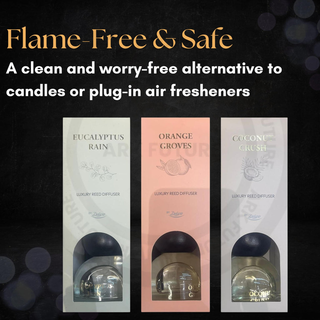 By Deluxe Reed Diffuser Set – 3 x 100ml – Long Lasting Home Fragrance – Orange Groves, Coconut Crush & Eucalyptus Rain – Room Scent with Natural Rattan Reeds – Up to 8 Weeks Per Bottle