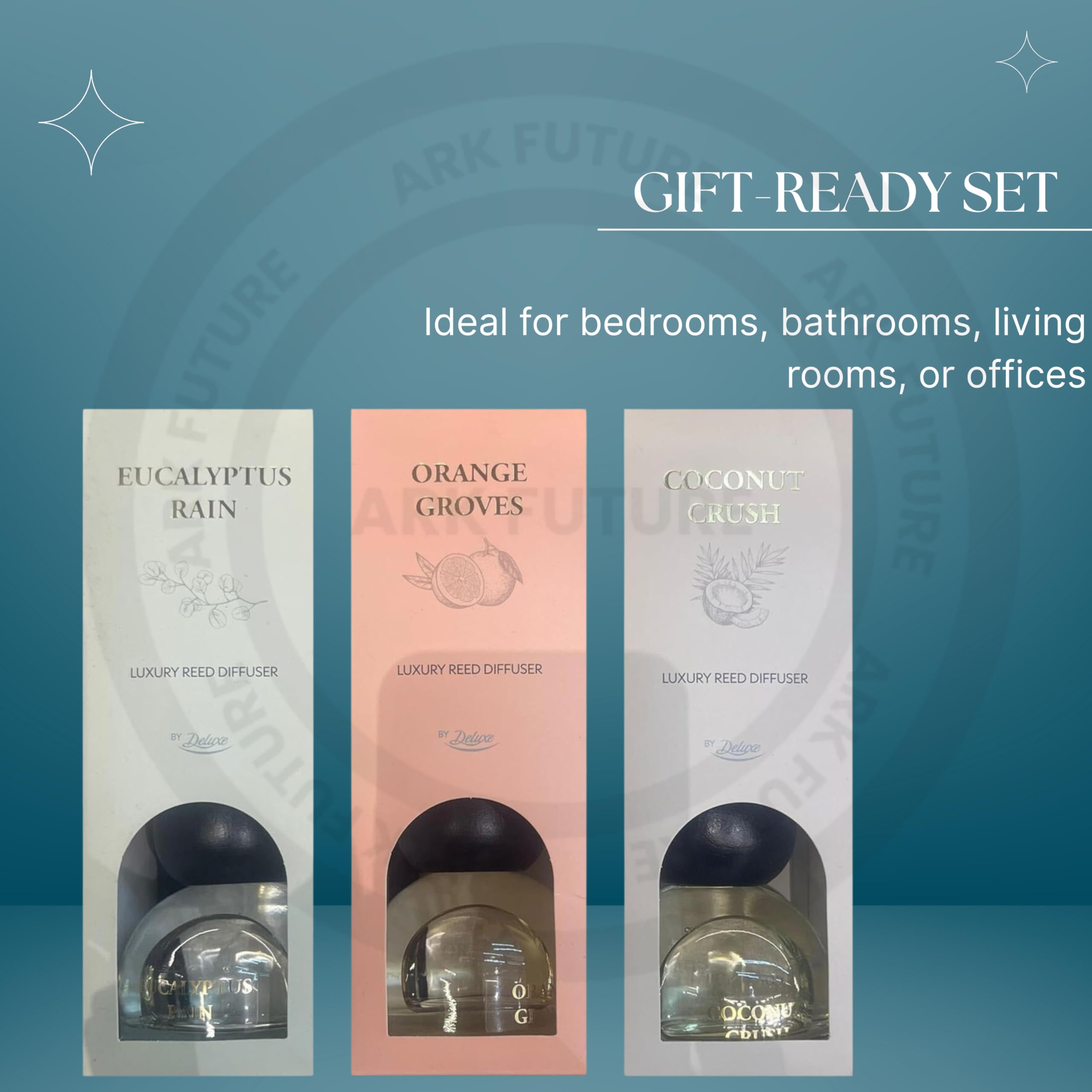 By Deluxe Reed Diffuser Set – 3 x 100ml – Long Lasting Home Fragrance – Orange Groves, Coconut Crush & Eucalyptus Rain – Room Scent with Natural Rattan Reeds – Up to 8 Weeks Per Bottle