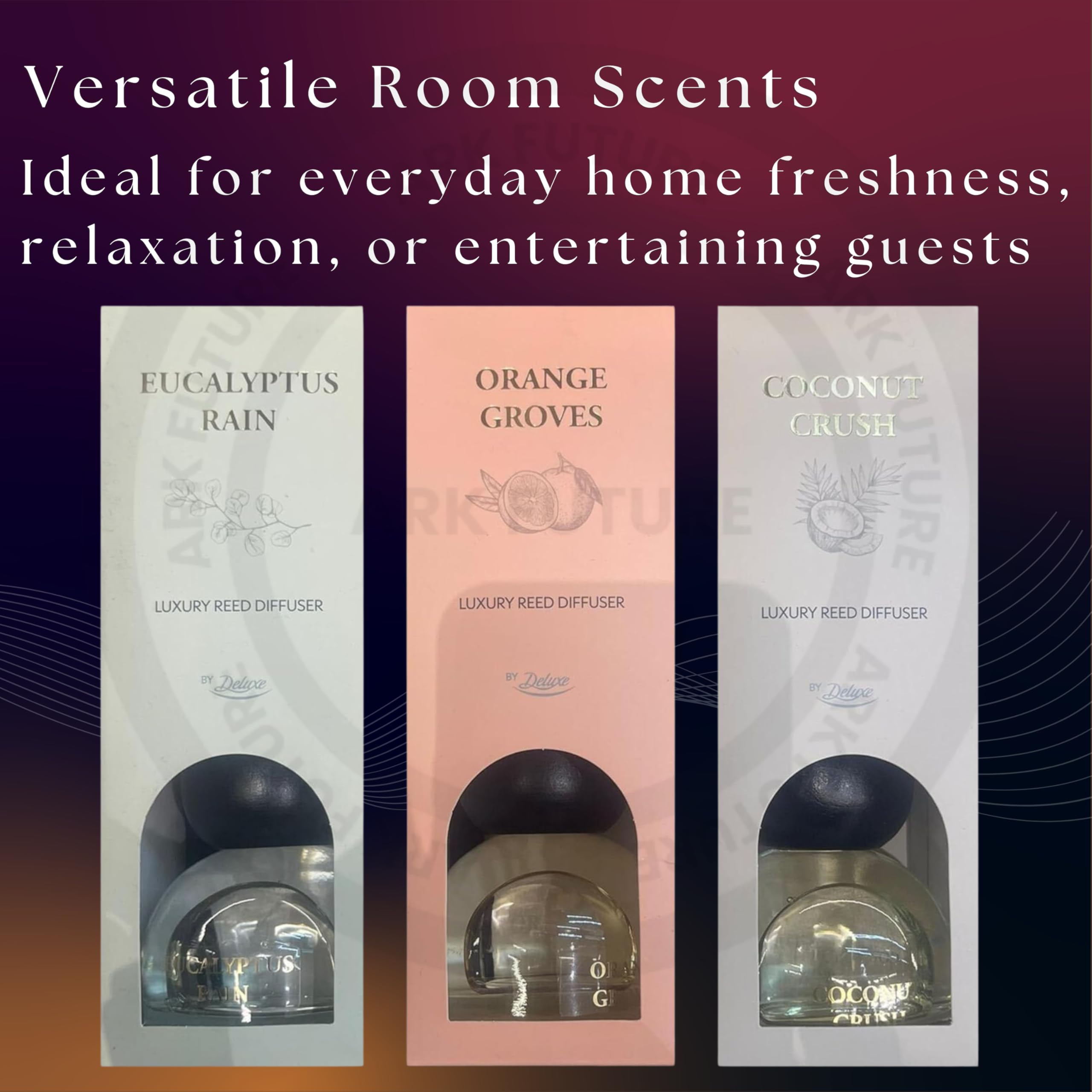 By Deluxe Reed Diffuser Set – 3 x 100ml – Long Lasting Home Fragrance – Orange Groves, Coconut Crush & Eucalyptus Rain – Room Scent with Natural Rattan Reeds – Up to 8 Weeks Per Bottle